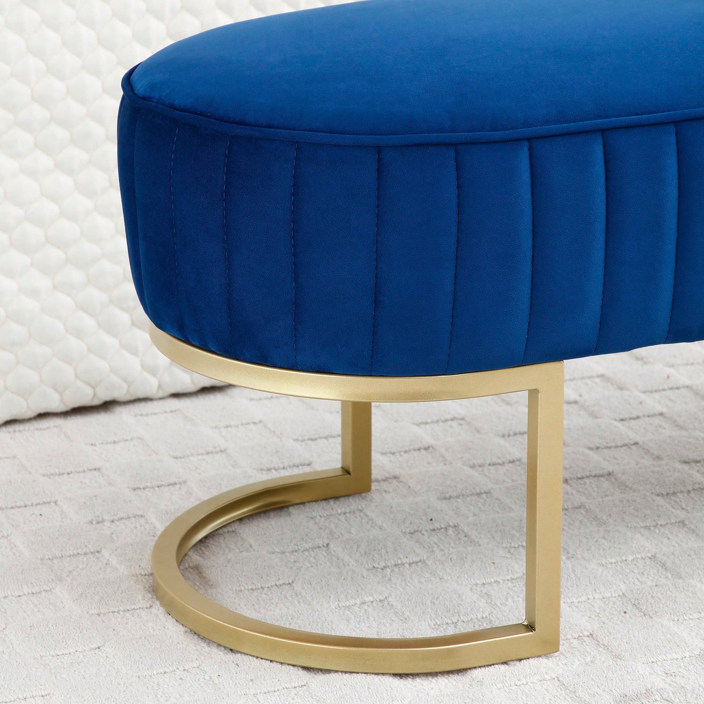 Chic Velvet Oval Upholstered Bench With Gold Metal Legs – 48" Modern Storage Ottoman For Bedroom, Living Room, Or Entryway - Beige