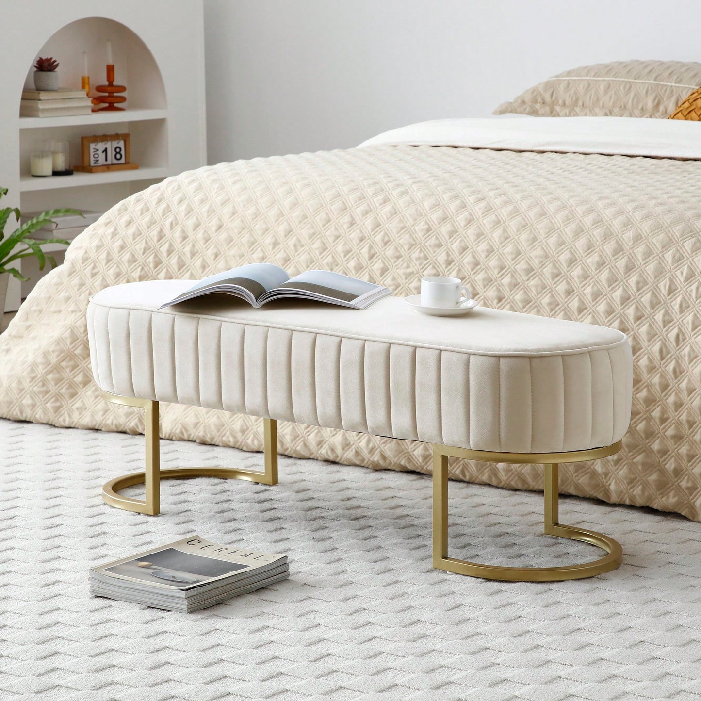 Chic Velvet Oval Upholstered Bench With Gold Metal Legs – 48" Modern Storage Ottoman For Bedroom, Living Room, Or Entryway - Beige