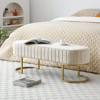 Chic Velvet Oval Upholstered Bench With Gold Metal Legs – 48" Modern Storage Ottoman For Bedroom, Living Room, Or Entryway - Beige
