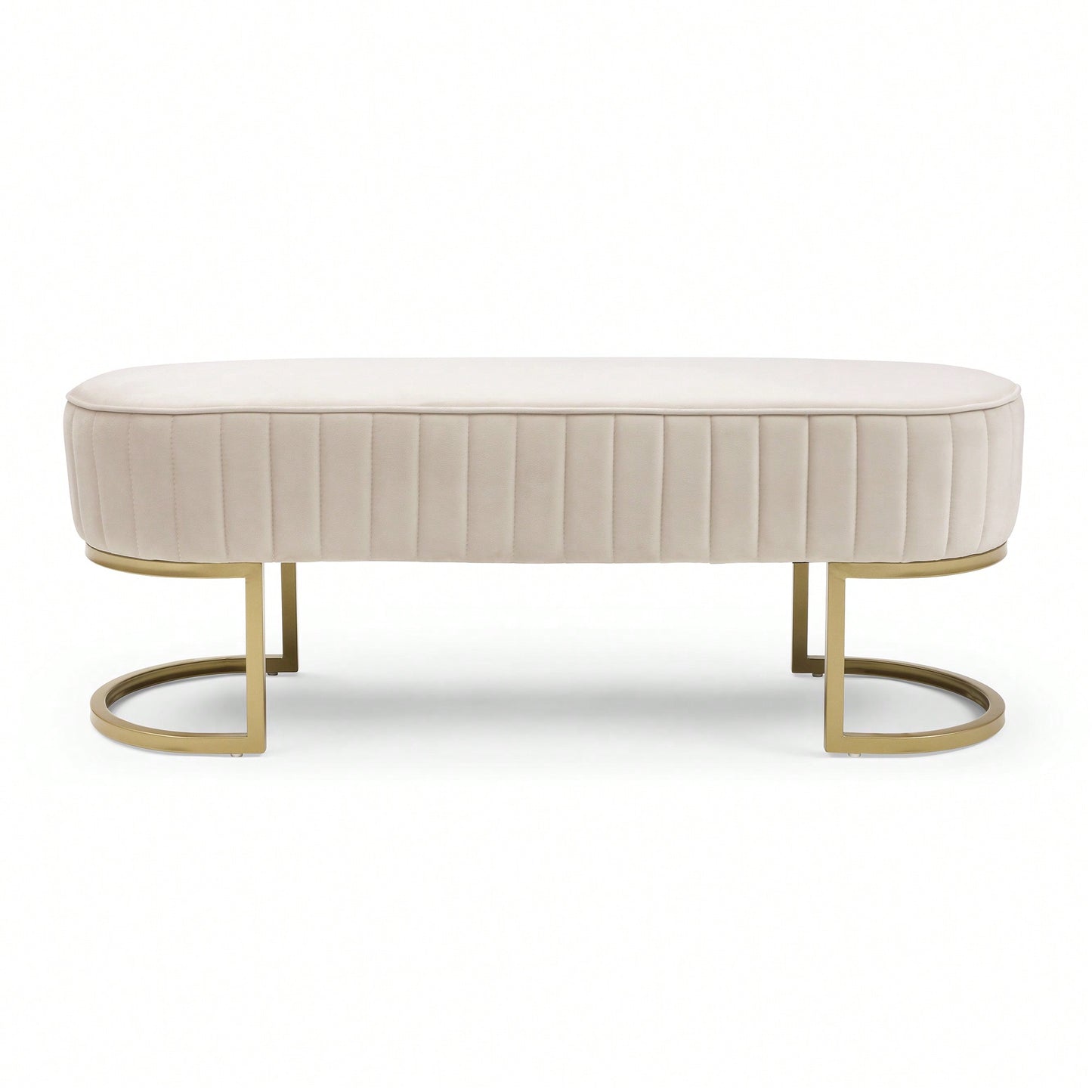 Chic Velvet Oval Upholstered Bench With Gold Metal Legs – 48" Modern Storage Ottoman For Bedroom, Living Room, Or Entryway - Beige