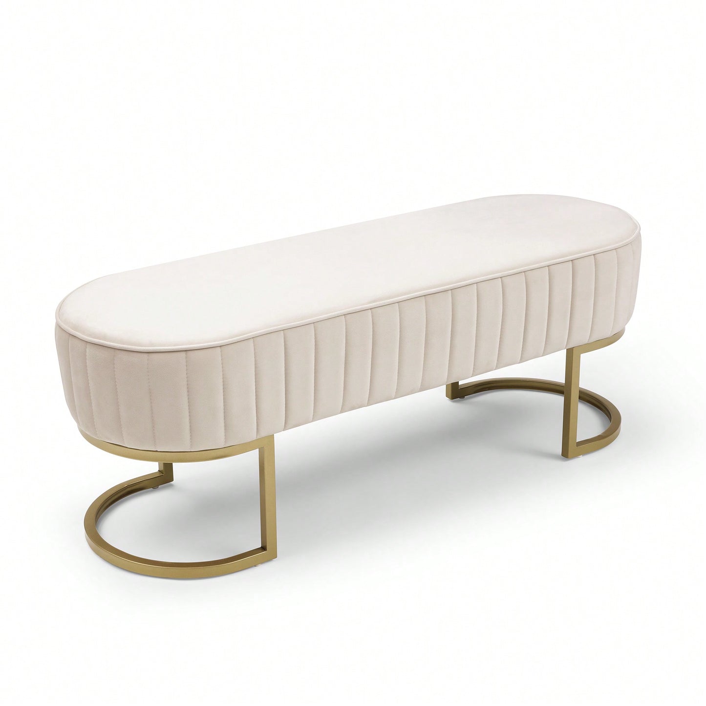 Chic Velvet Oval Upholstered Bench With Gold Metal Legs – 48" Modern Storage Ottoman For Bedroom, Living Room, Or Entryway - Beige