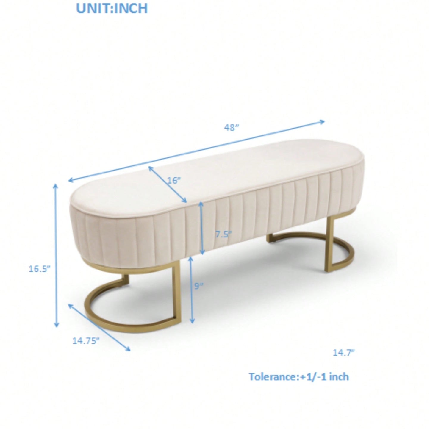 Chic Velvet Oval Upholstered Bench With Gold Metal Legs – 48" Modern Storage Ottoman For Bedroom, Living Room, Or Entryway - Beige