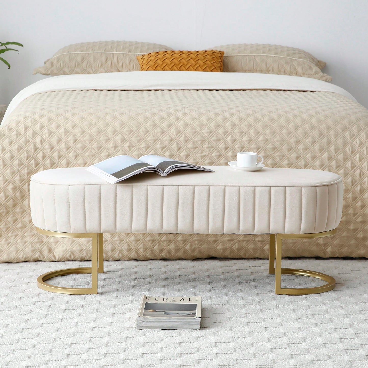 Chic Velvet Oval Upholstered Bench With Gold Metal Legs – 48" Modern Storage Ottoman For Bedroom, Living Room, Or Entryway - Beige