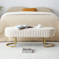 Chic Velvet Oval Upholstered Bench With Gold Metal Legs – 48" Modern Storage Ottoman For Bedroom, Living Room, Or Entryway - Beige