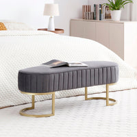 Chic Velvet Oval Upholstered Bench With Gold Metal Legs – 48" Modern Storage Ottoman For Bedroom, Living Room, Or Entryway - Beige