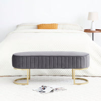 Chic Velvet Oval Upholstered Bench With Gold Metal Legs – 48" Modern Storage Ottoman For Bedroom, Living Room, Or Entryway - Beige