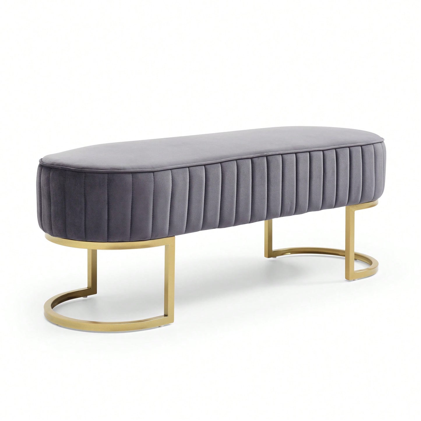 Chic Velvet Oval Upholstered Bench With Gold Metal Legs – 48" Modern Storage Ottoman For Bedroom, Living Room, Or Entryway - Beige