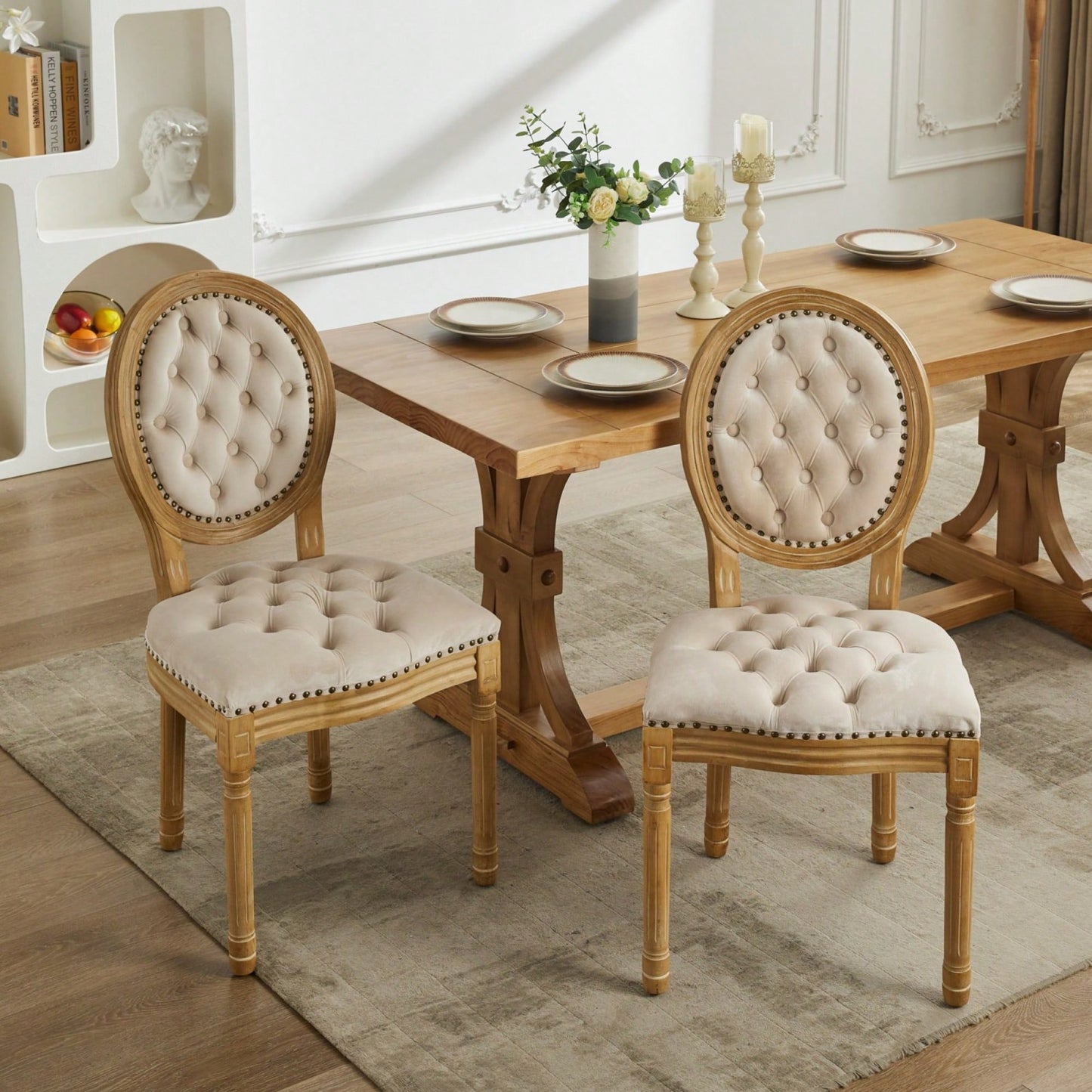 Elegant Vintage Solid Wood Frame Dining Chairs With Velvet Upholstery And Nailhead Trim - Set Of 2 In Beige