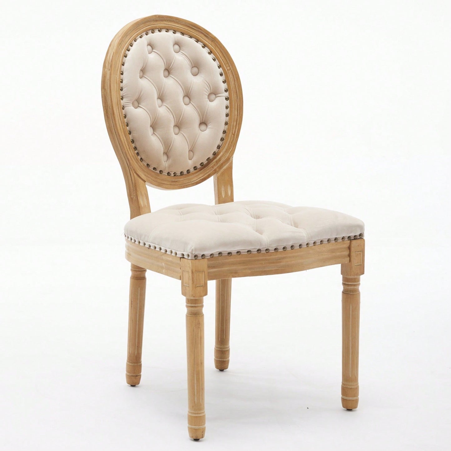 Elegant Vintage Solid Wood Frame Dining Chairs With Velvet Upholstery And Nailhead Trim - Set Of 2 In Beige
