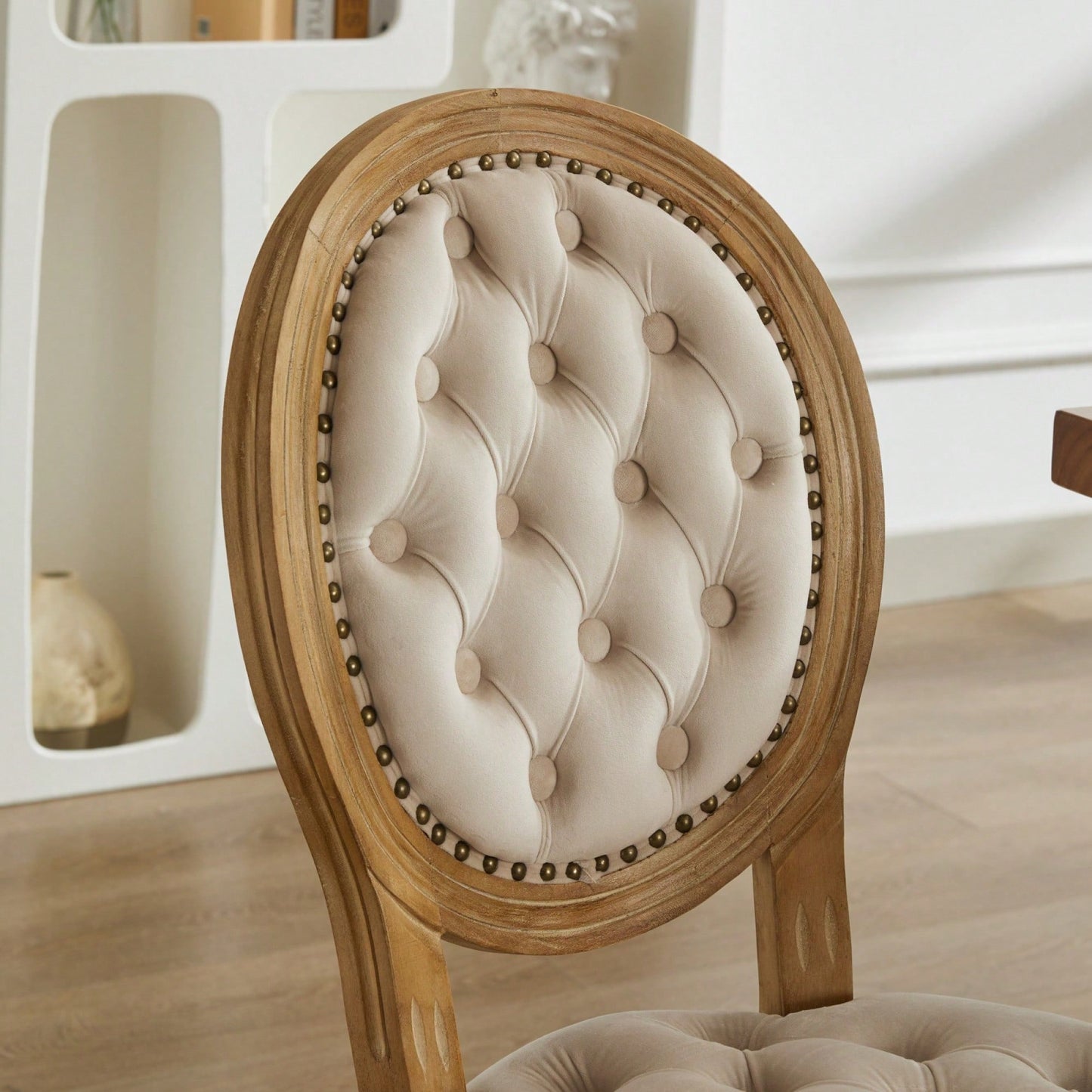 Elegant Vintage Solid Wood Frame Dining Chairs With Velvet Upholstery And Nailhead Trim - Set Of 2 In Beige