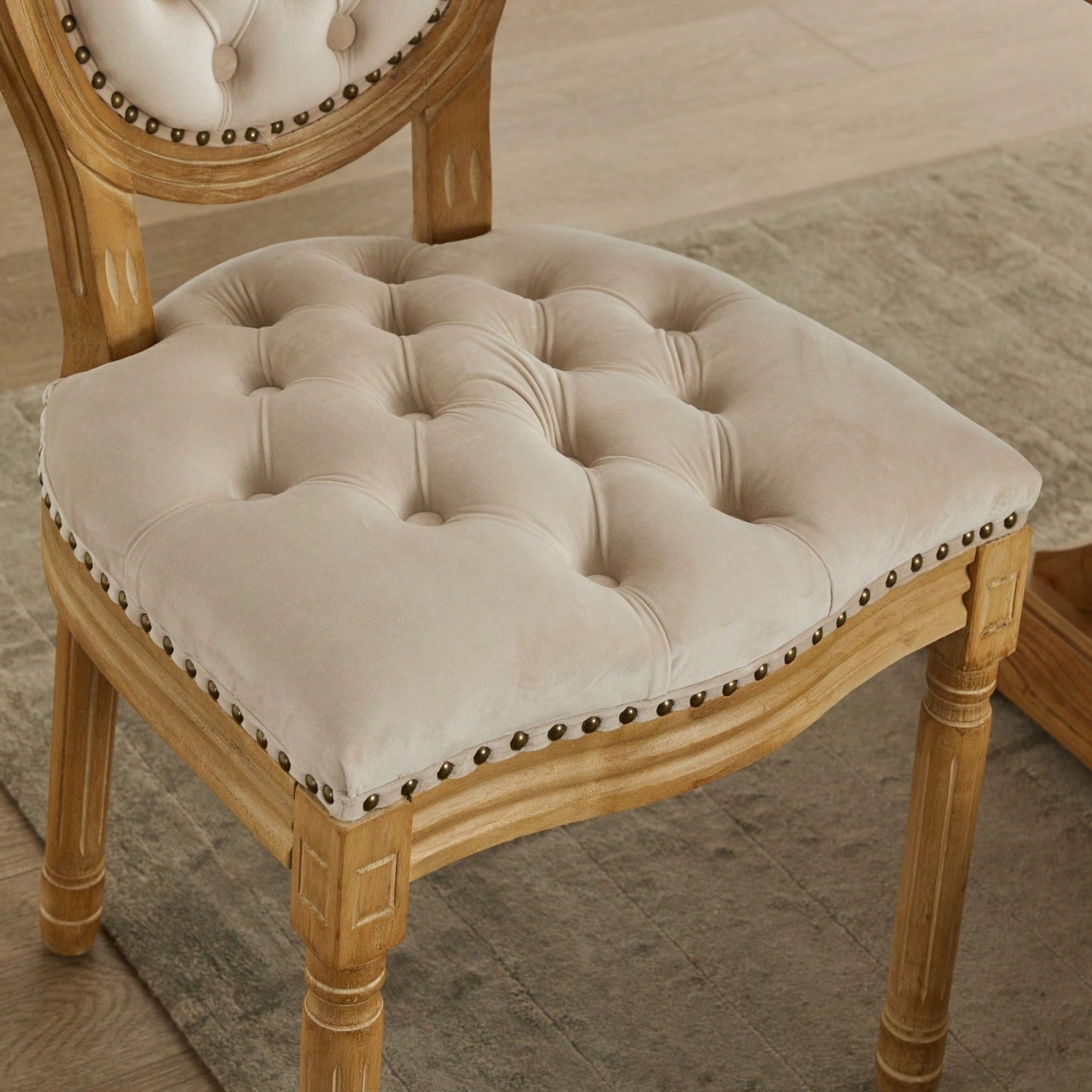 Elegant Vintage Solid Wood Frame Dining Chairs With Velvet Upholstery And Nailhead Trim - Set Of 2 In Beige