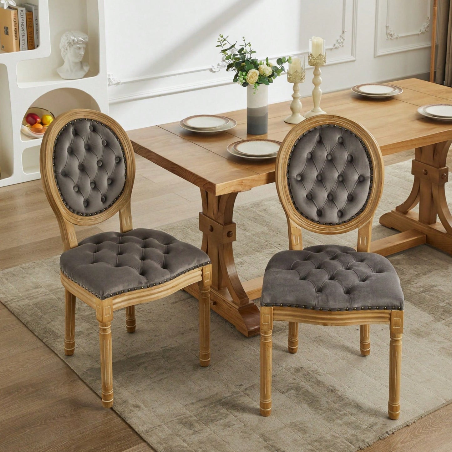 Elegant Vintage Solid Wood Frame Dining Chairs With Velvet Upholstery And Nailhead Trim - Set Of 2 In Beige
