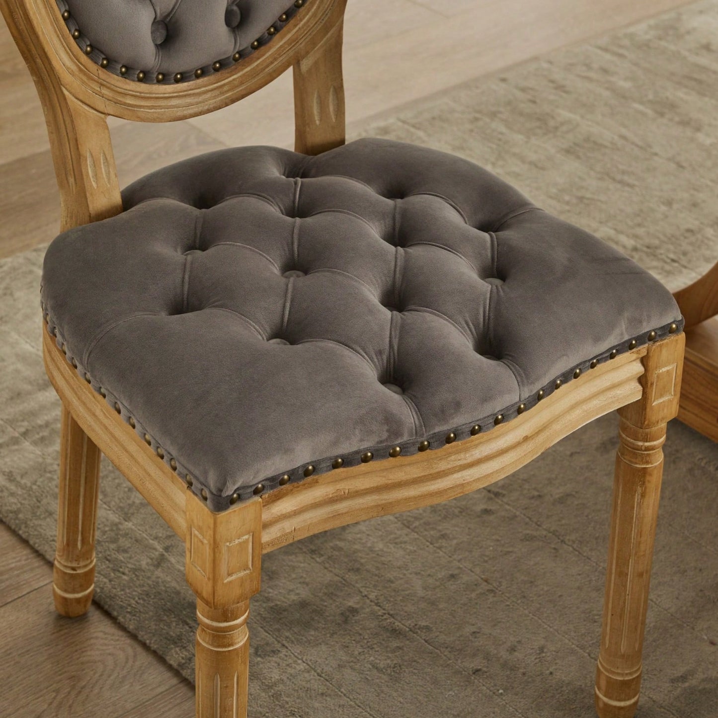 Elegant Vintage Solid Wood Frame Dining Chairs With Velvet Upholstery And Nailhead Trim - Set Of 2 In Beige
