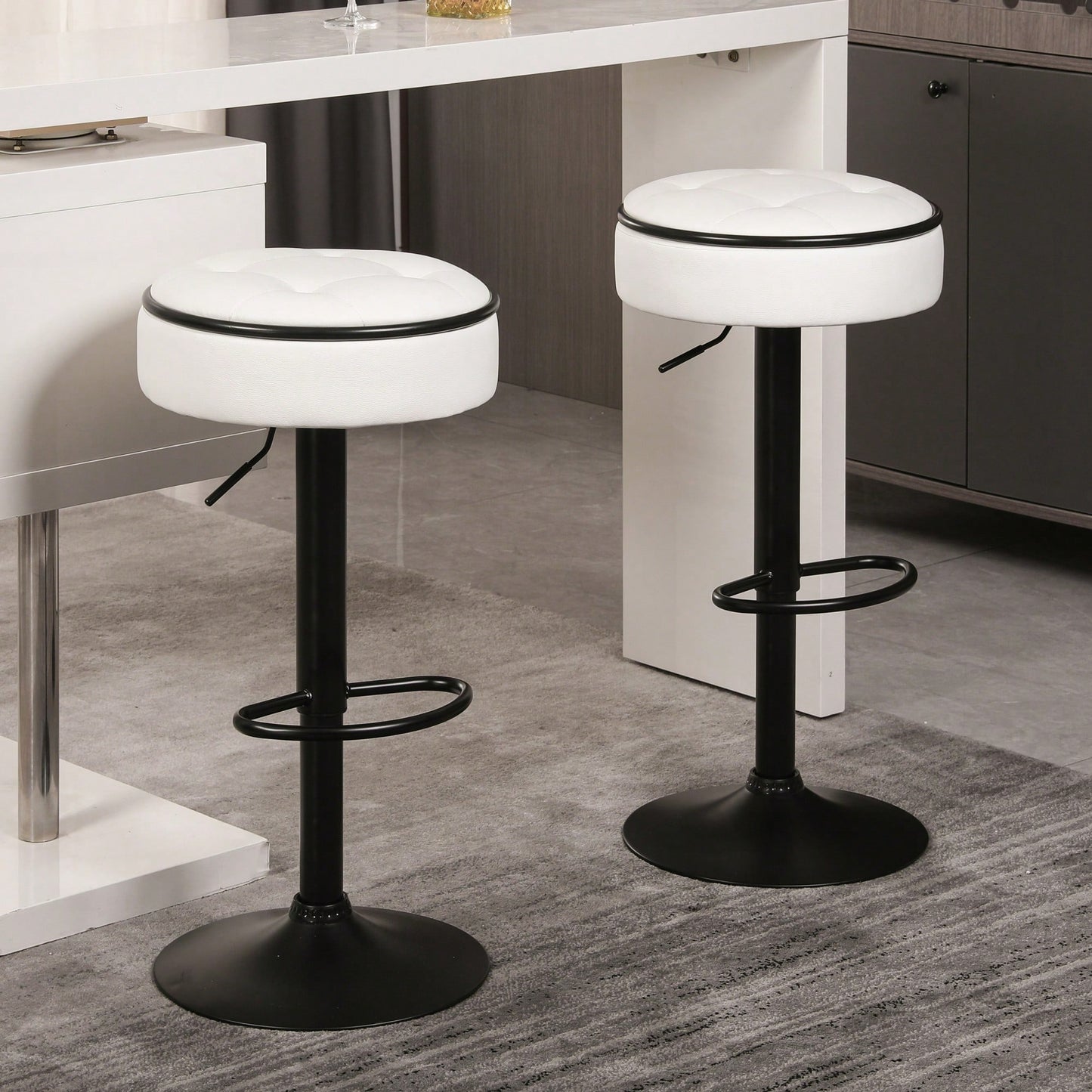 Stylish Set of 2 Adjustable Round Bar Stools White Faux Leather 360° Swivel Armless Metal Frame for Kitchen Dining Living Room