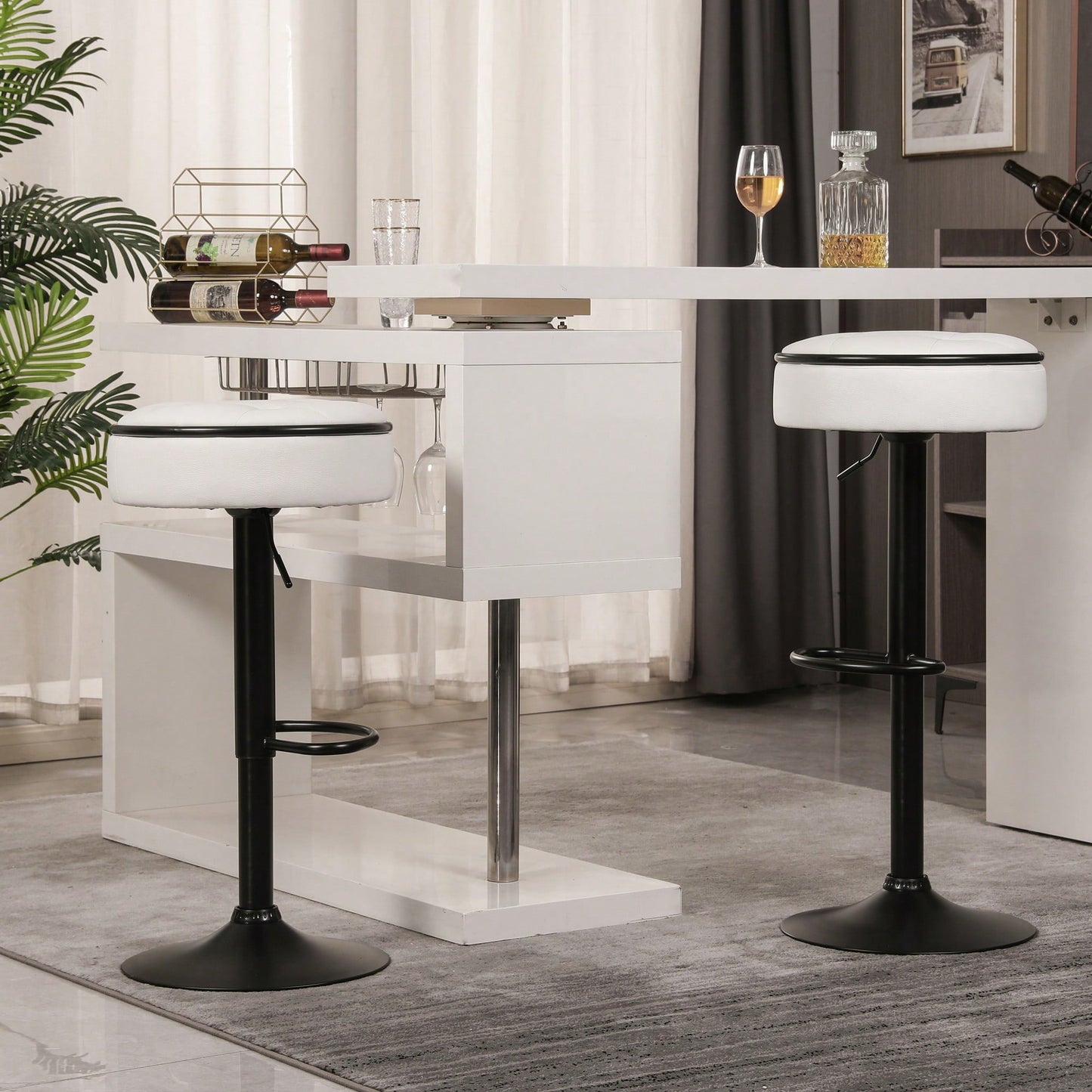 Stylish Set of 2 Adjustable Round Bar Stools White Faux Leather 360° Swivel Armless Metal Frame for Kitchen Dining Living Room