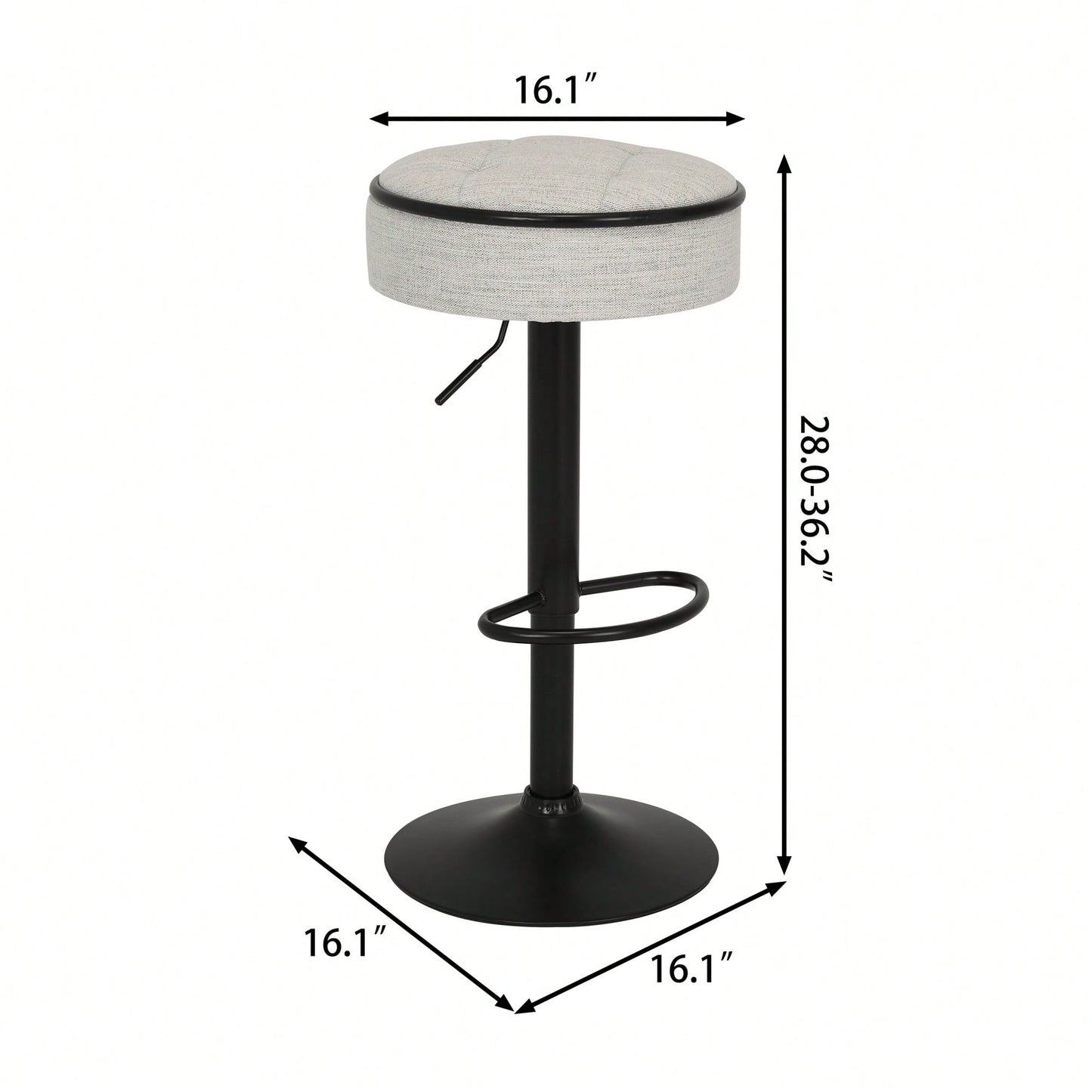 Adjustable Height Round Bar Stools Set of 2 with 360° Swivel Black Linen Upholstery Armless Design for Kitchen and Dining Room