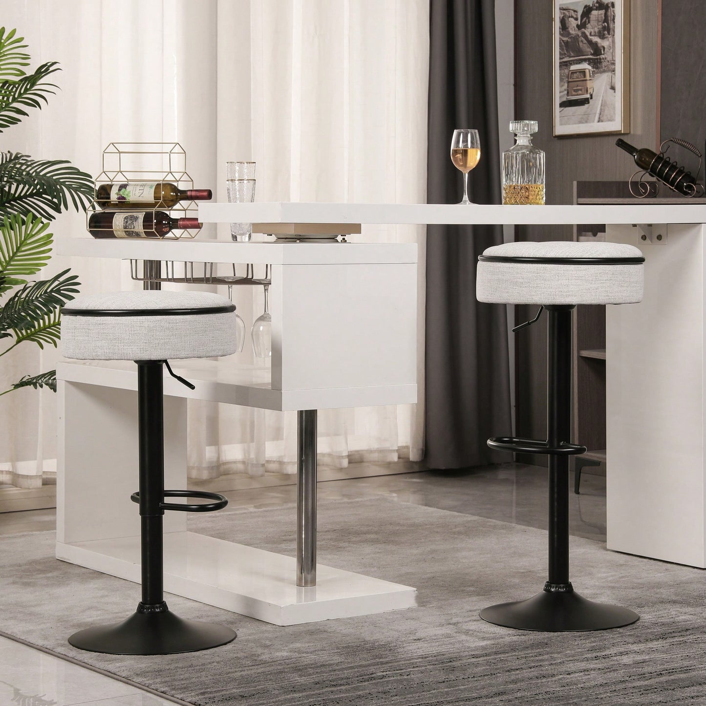 Adjustable Height Round Bar Stools Set of 2 with 360° Swivel Black Linen Upholstery Armless Design for Kitchen and Dining Room