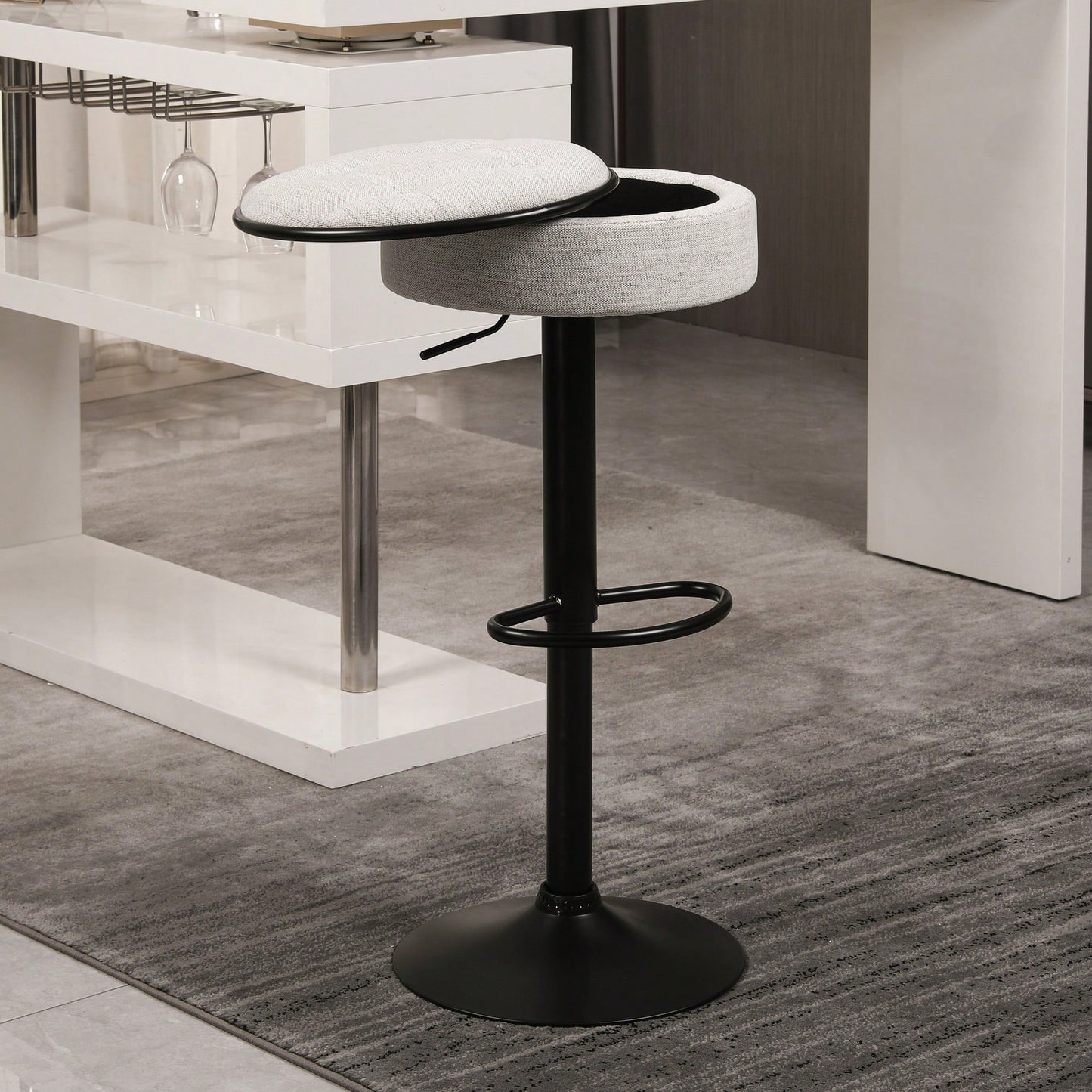 Adjustable Height Round Bar Stools Set of 2 with 360° Swivel Black Linen Upholstery Armless Design for Kitchen and Dining Room