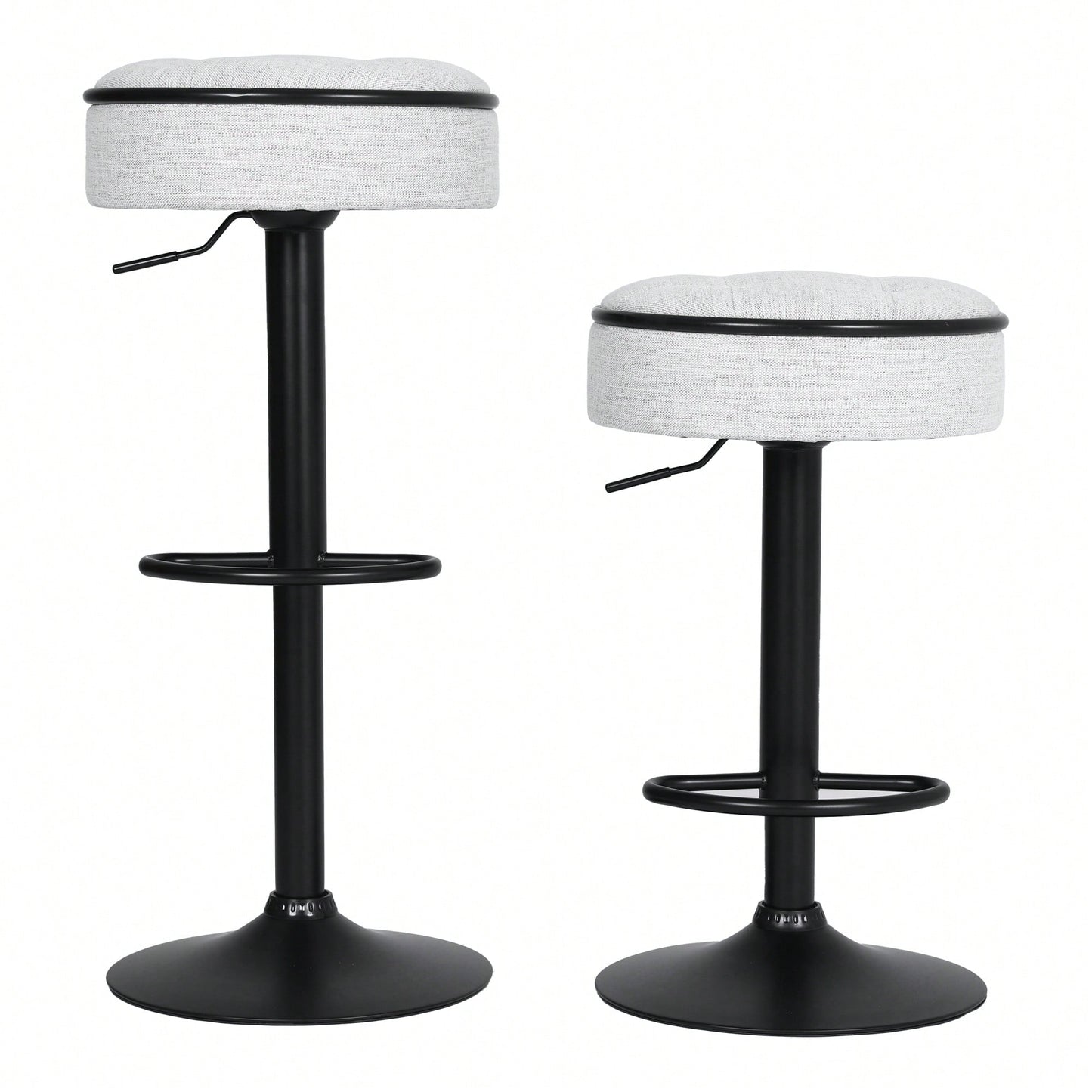 Adjustable Height Round Bar Stools Set of 2 with 360° Swivel Black Linen Upholstery Armless Design for Kitchen and Dining Room