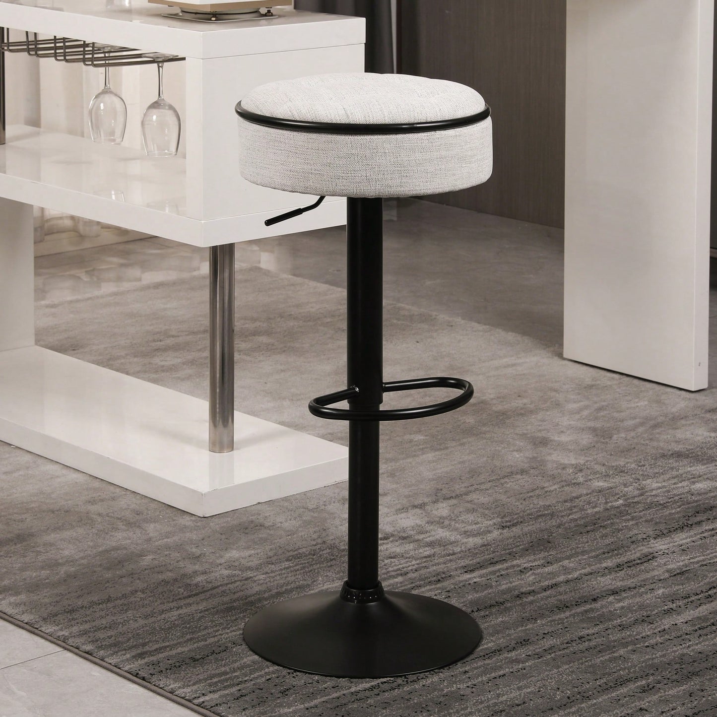 Adjustable Height Round Bar Stools Set of 2 with 360° Swivel Black Linen Upholstery Armless Design for Kitchen and Dining Room