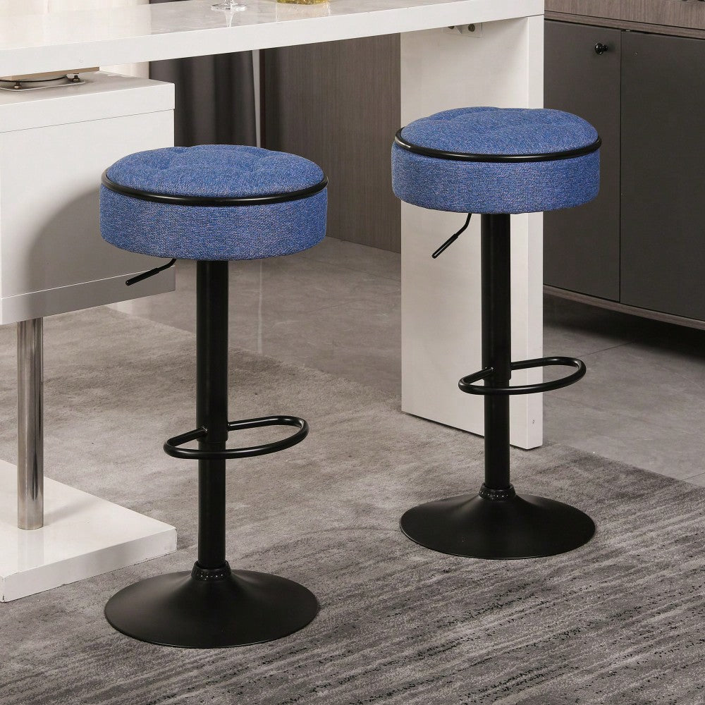Adjustable Height Round Bar Stools Set of 2 with 360° Swivel Black Linen Upholstery Armless Design for Kitchen and Dining Room