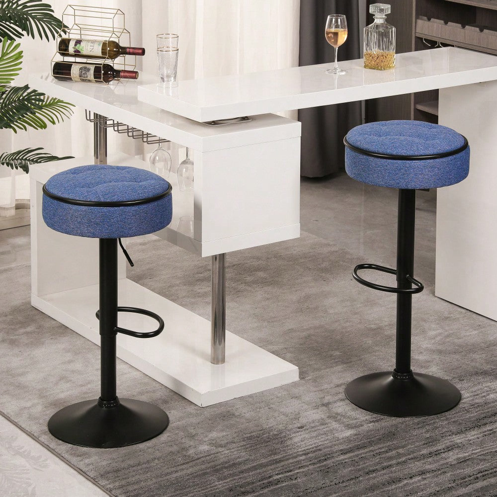 Adjustable Height Round Bar Stools Set of 2 with 360° Swivel Black Linen Upholstery Armless Design for Kitchen and Dining Room
