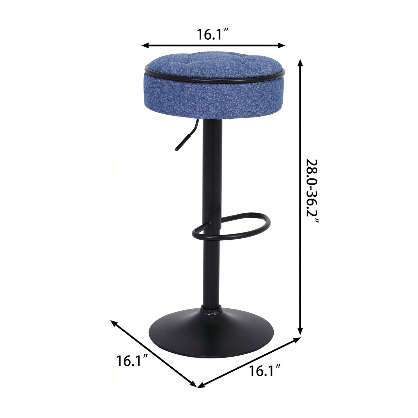 Adjustable Height Round Bar Stools Set of 2 with 360° Swivel Black Linen Upholstery Armless Design for Kitchen and Dining Room