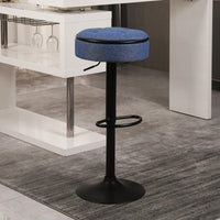 Adjustable Height Round Bar Stools Set of 2 with 360° Swivel Black Linen Upholstery Armless Design for Kitchen and Dining Room