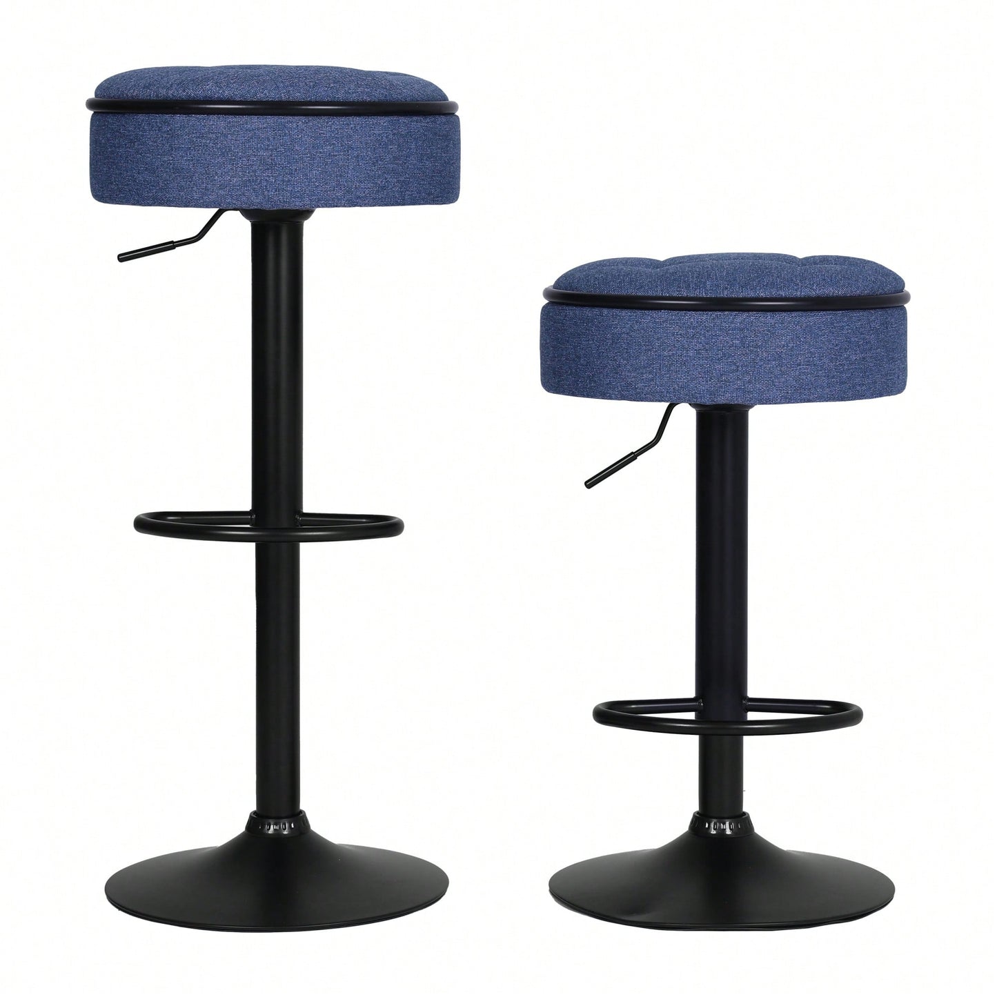 Adjustable Height Round Bar Stools Set of 2 with 360° Swivel Black Linen Upholstery Armless Design for Kitchen and Dining Room