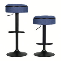 Adjustable Height Round Bar Stools Set of 2 with 360° Swivel Black Linen Upholstery Armless Design for Kitchen and Dining Room