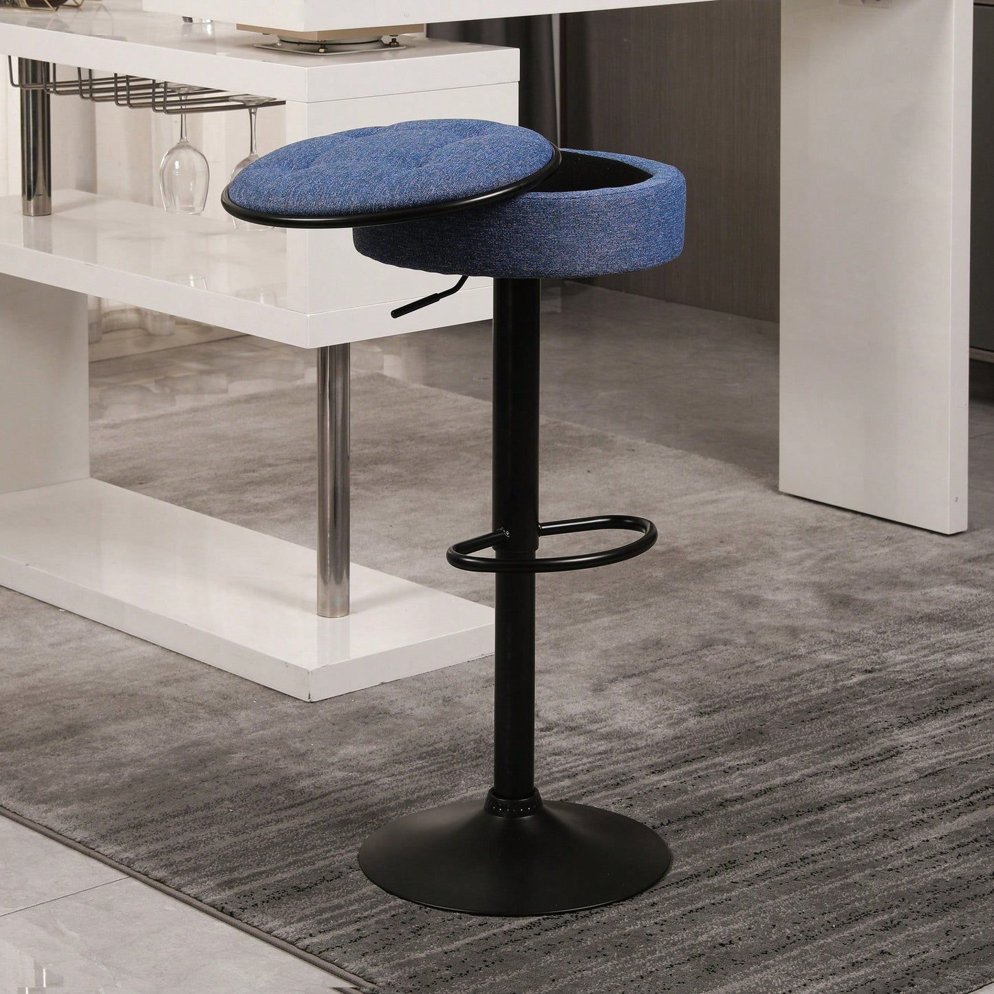 Adjustable Height Round Bar Stools Set of 2 with 360° Swivel Black Linen Upholstery Armless Design for Kitchen and Dining Room