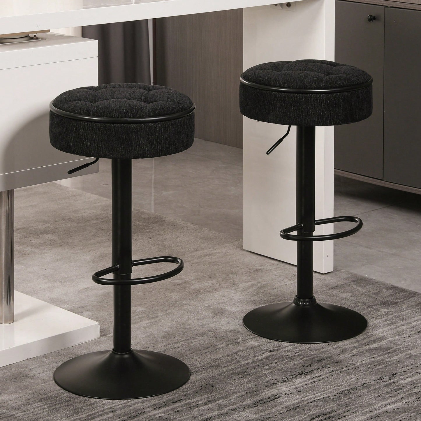 Adjustable Height Round Bar Stools Set of 2 with 360° Swivel Black Linen Upholstery Armless Design for Kitchen and Dining Room