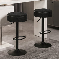 Adjustable Height Round Bar Stools Set of 2 with 360° Swivel Black Linen Upholstery Armless Design for Kitchen and Dining Room