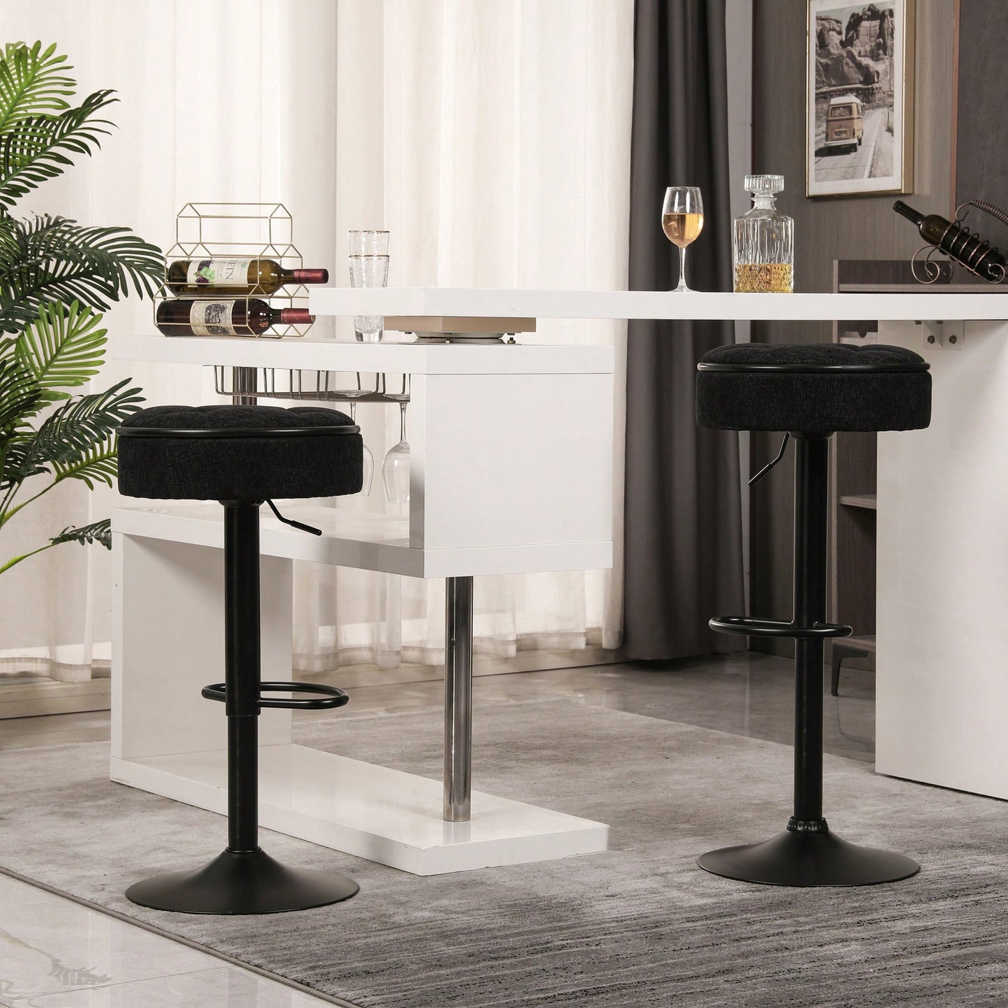 Adjustable Height Round Bar Stools Set of 2 with 360° Swivel Black Linen Upholstery Armless Design for Kitchen and Dining Room