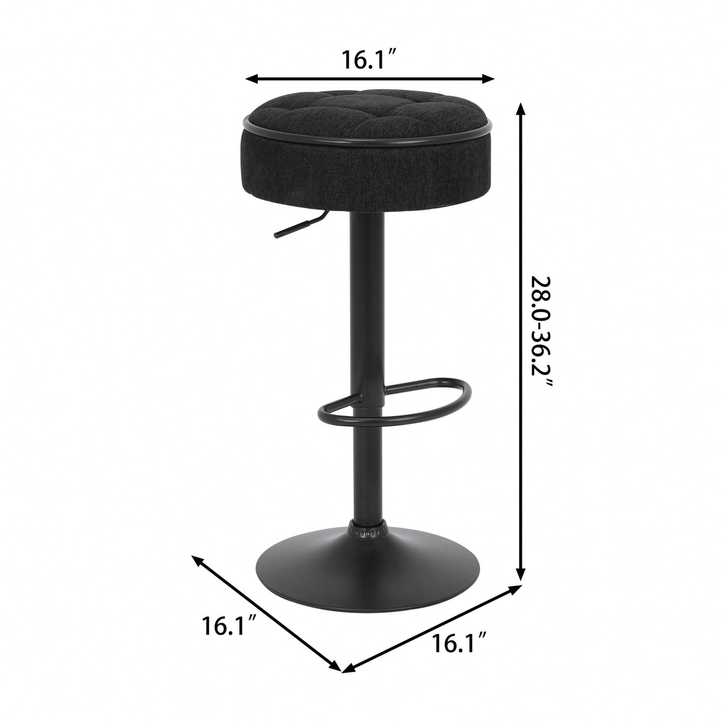 Adjustable Height Round Bar Stools Set of 2 with 360° Swivel Black Linen Upholstery Armless Design for Kitchen and Dining Room