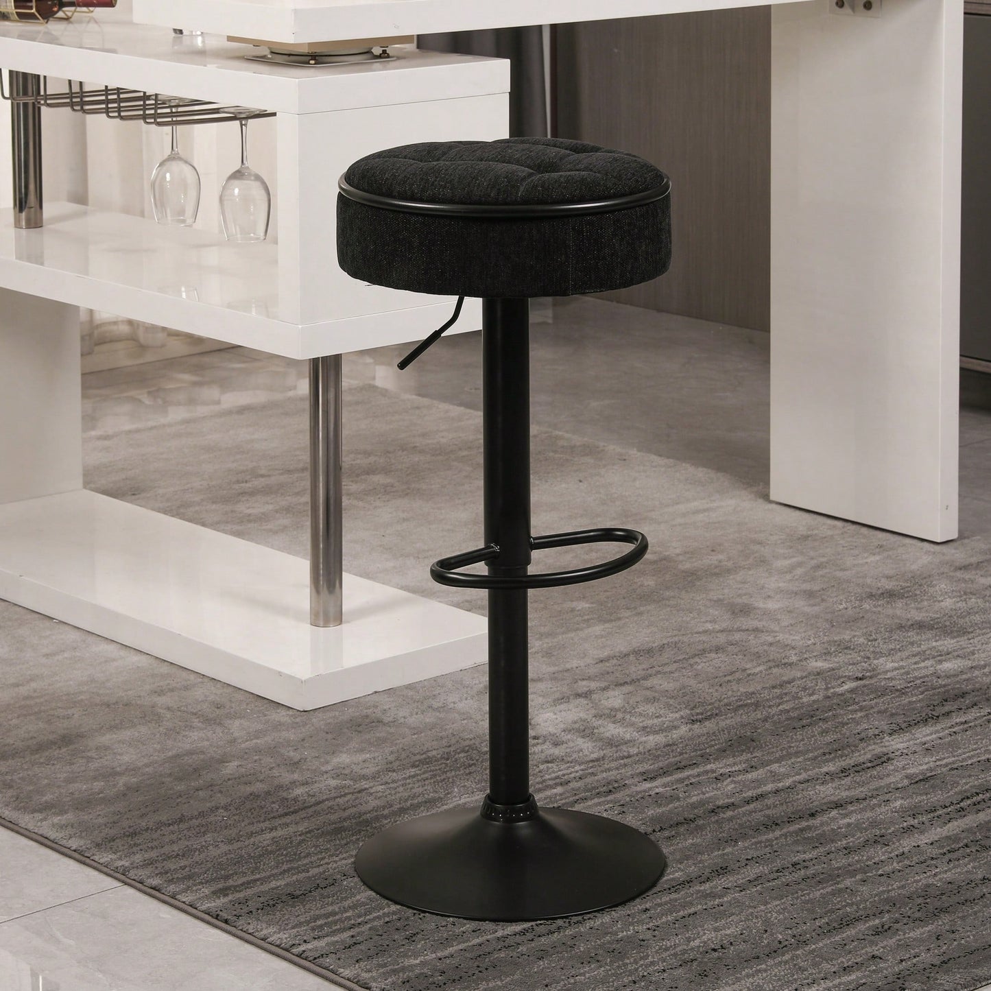 Adjustable Height Round Bar Stools Set of 2 with 360° Swivel Black Linen Upholstery Armless Design for Kitchen and Dining Room
