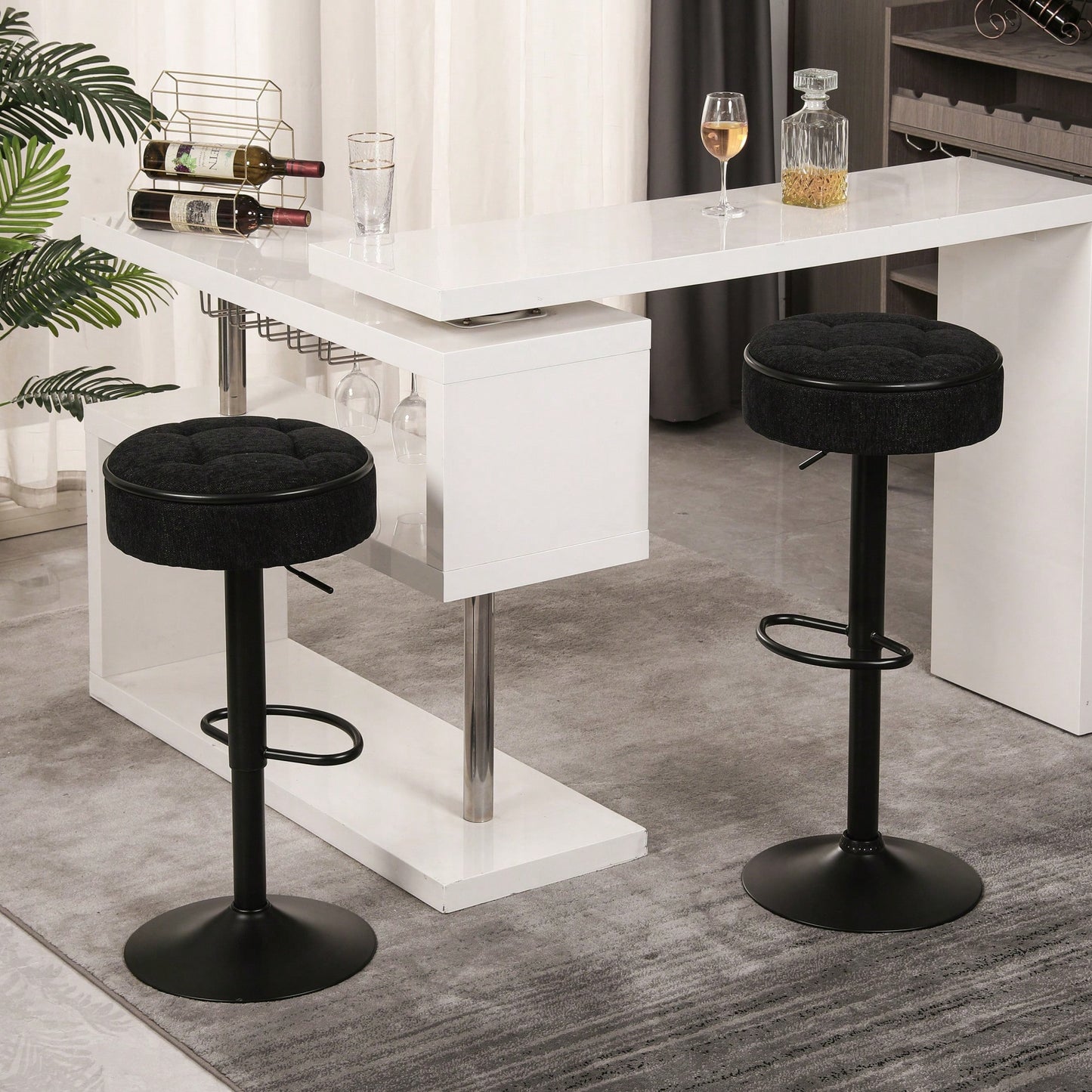 Adjustable Height Round Bar Stools Set of 2 with 360° Swivel Black Linen Upholstery Armless Design for Kitchen and Dining Room
