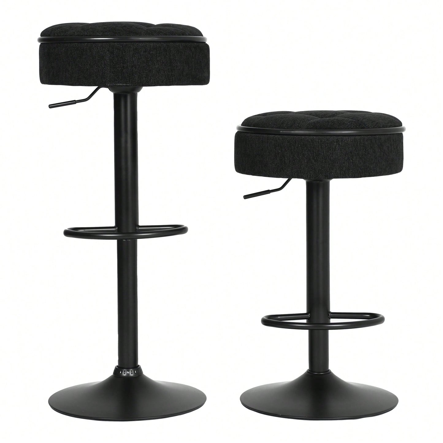 Adjustable Height Round Bar Stools Set of 2 with 360° Swivel Black Linen Upholstery Armless Design for Kitchen and Dining Room