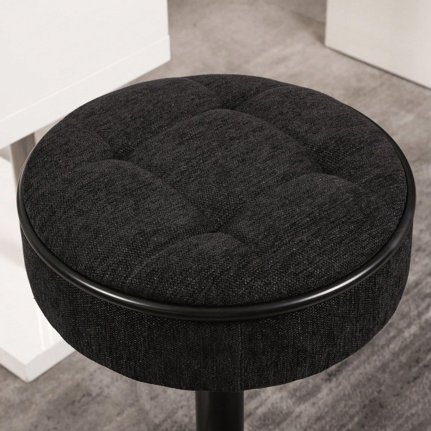 Adjustable Height Round Bar Stools Set of 2 with 360° Swivel Black Linen Upholstery Armless Design for Kitchen and Dining Room