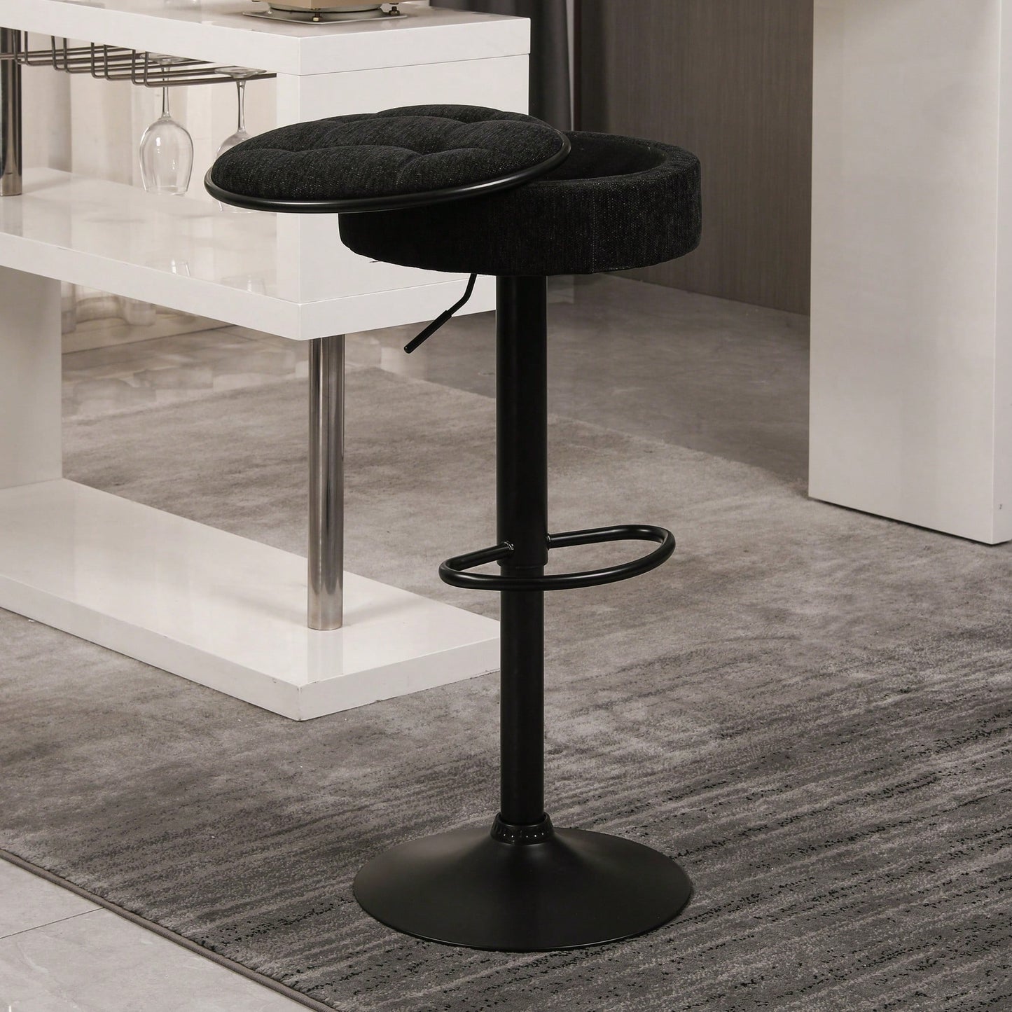 Adjustable Height Round Bar Stools Set of 2 with 360° Swivel Black Linen Upholstery Armless Design for Kitchen and Dining Room