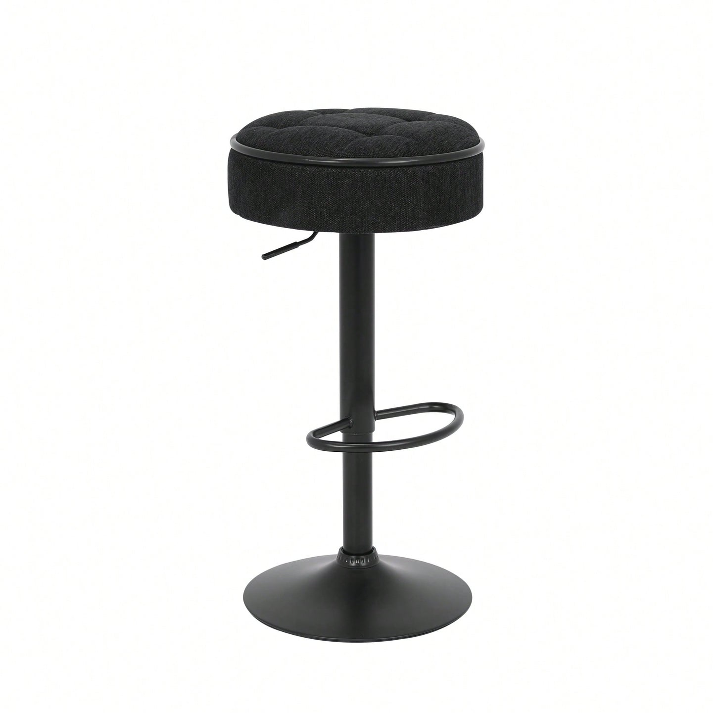 Adjustable Height Round Bar Stools Set of 2 with 360° Swivel Black Linen Upholstery Armless Design for Kitchen and Dining Room