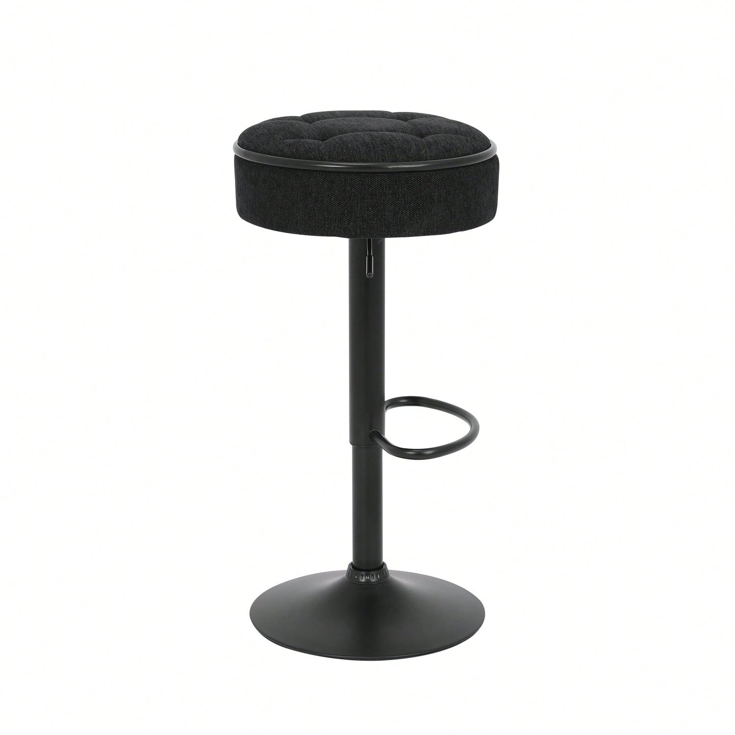 Adjustable Height Round Bar Stools Set of 2 with 360° Swivel Black Linen Upholstery Armless Design for Kitchen and Dining Room