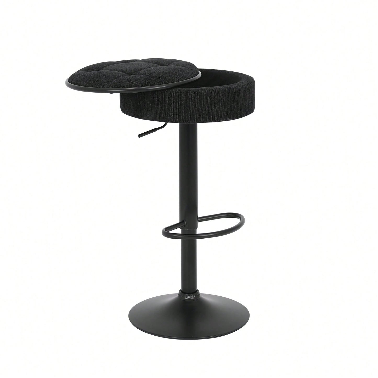 Adjustable Height Round Bar Stools Set of 2 with 360° Swivel Black Linen Upholstery Armless Design for Kitchen and Dining Room