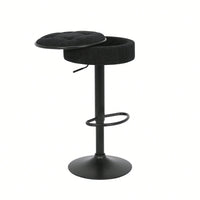 Adjustable Height Round Bar Stools Set of 2 with 360° Swivel Black Linen Upholstery Armless Design for Kitchen and Dining Room