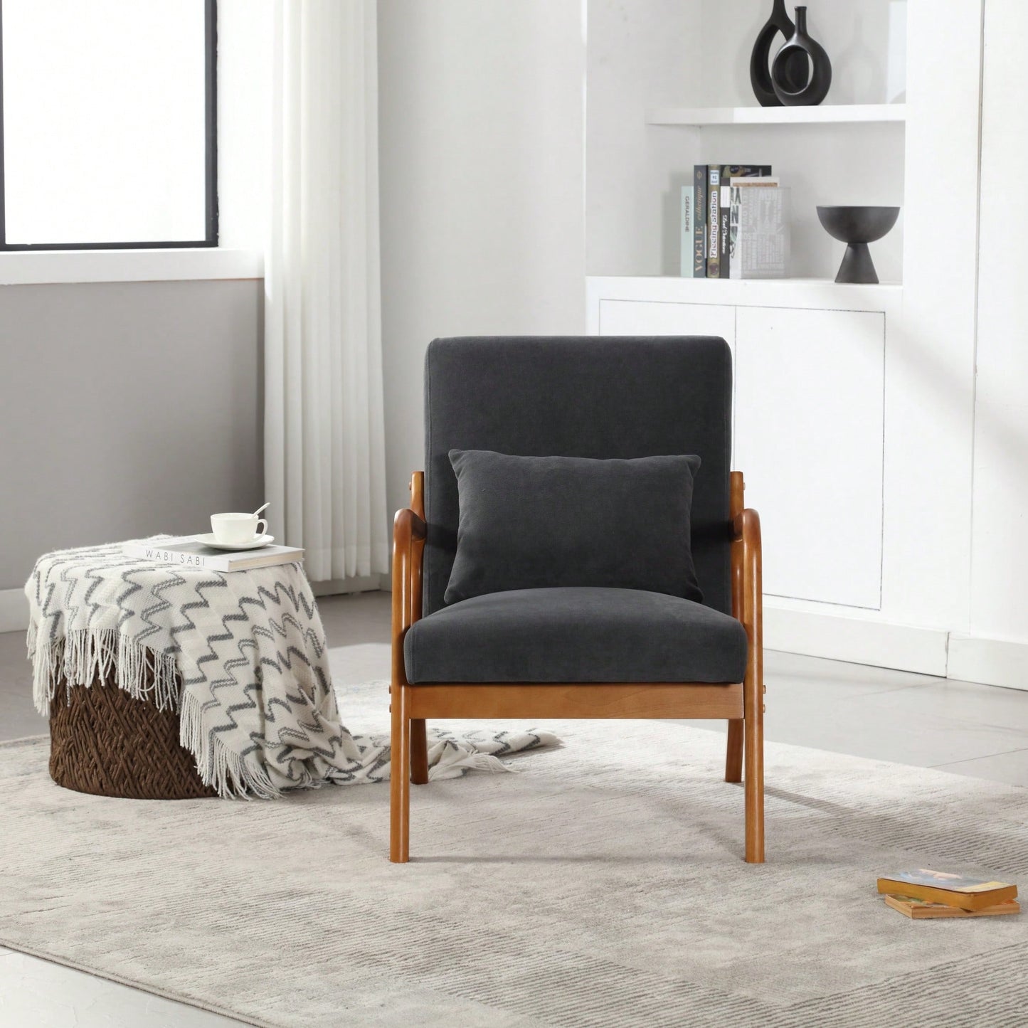 Contemporary Accent Chair With Solid Wood Frame And Pillow For Living Room, Bedroom, Or Guest Room - Beige Lounge Armchair