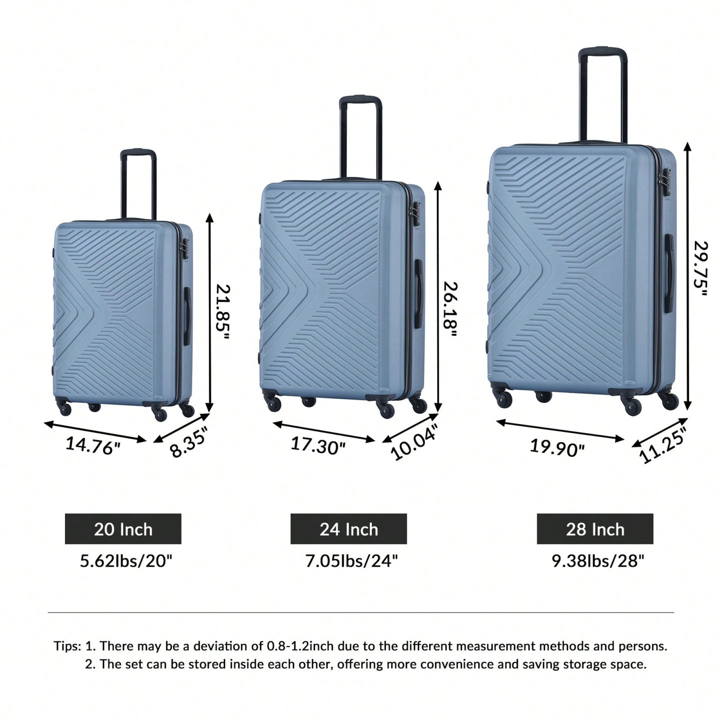 Lightweight 3-Piece ABS Luggage Set With Spinner Wheels, TSA Lock & Double Hooks - 20"/24"/28" - Stylish Blue Travel Suitcases