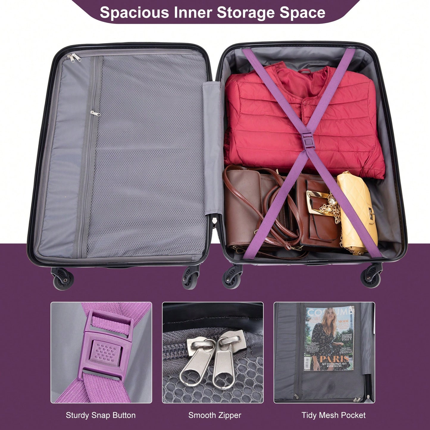 Lightweight Expandable 3-Piece Luggage Set – Durable Suitcases With Two Hooks, Spinner Wheels, TSA Lock, Dark Purple (21/25/29)