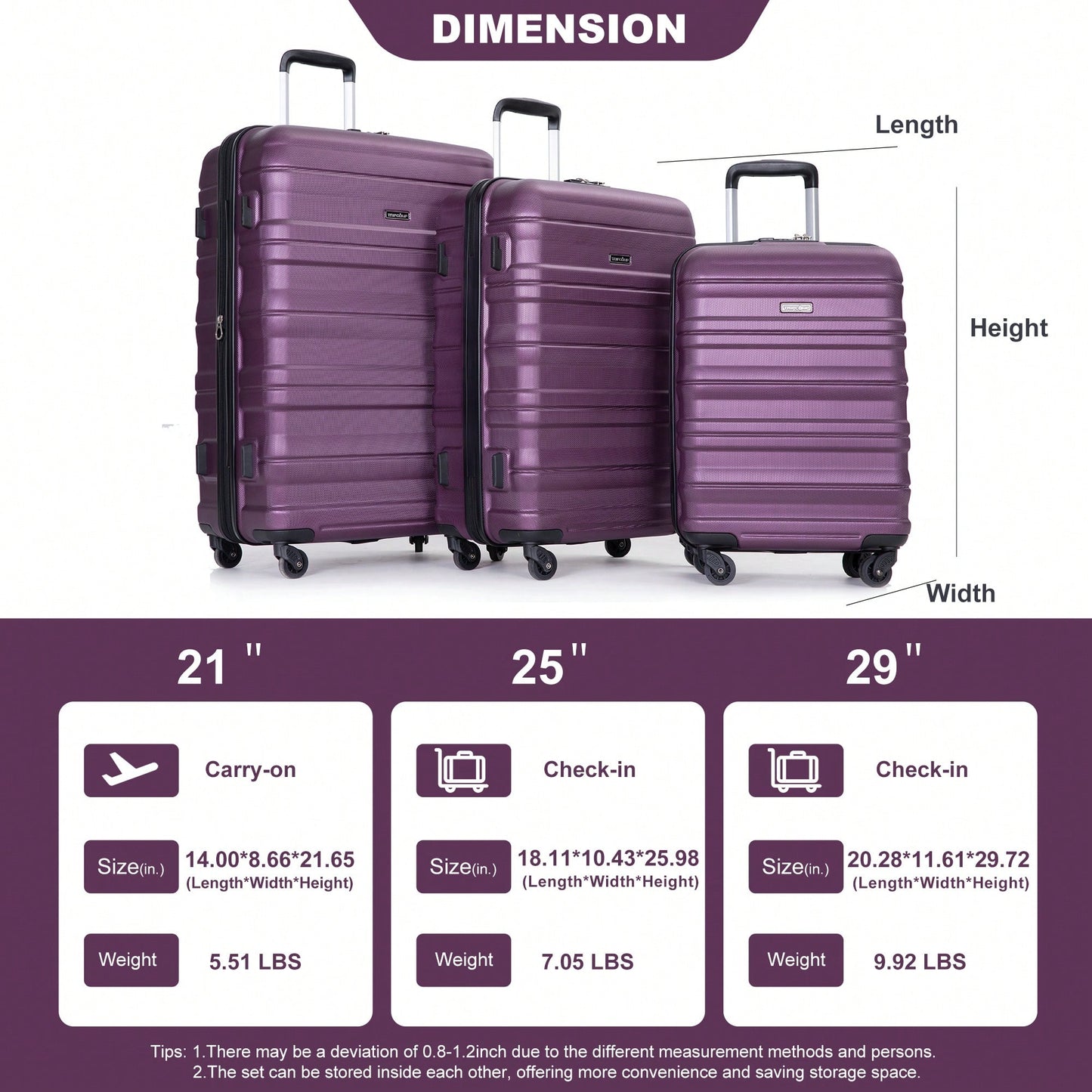Lightweight Expandable 3-Piece Luggage Set – Durable Suitcases With Two Hooks, Spinner Wheels, TSA Lock, Dark Purple (21/25/29)