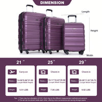 Lightweight Expandable 3-Piece Luggage Set – Durable Suitcases With Two Hooks, Spinner Wheels, TSA Lock, Dark Purple (21/25/29)