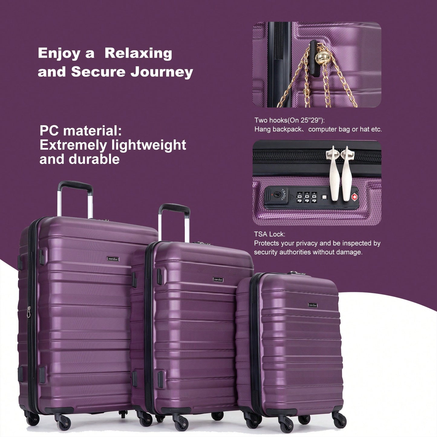 Lightweight Expandable 3-Piece Luggage Set – Durable Suitcases With Two Hooks, Spinner Wheels, TSA Lock, Dark Purple (21/25/29)